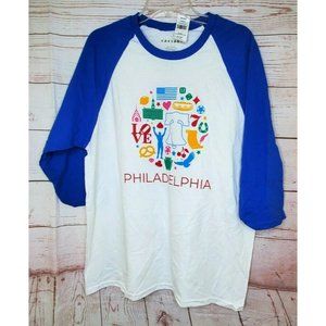 Unisex Caesars Large 1/4 Sleeve Philly Iconograph Raglan Royal Blue White Shirt